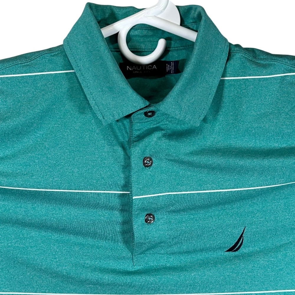 Nautica Mens Short Sleeve Polo Shirt Teal Green Striped Performance Medium